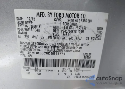 2013 Ford Edge Sel z USA, uszkodzony, nr VIN 2FMDK3JC8DBB58771